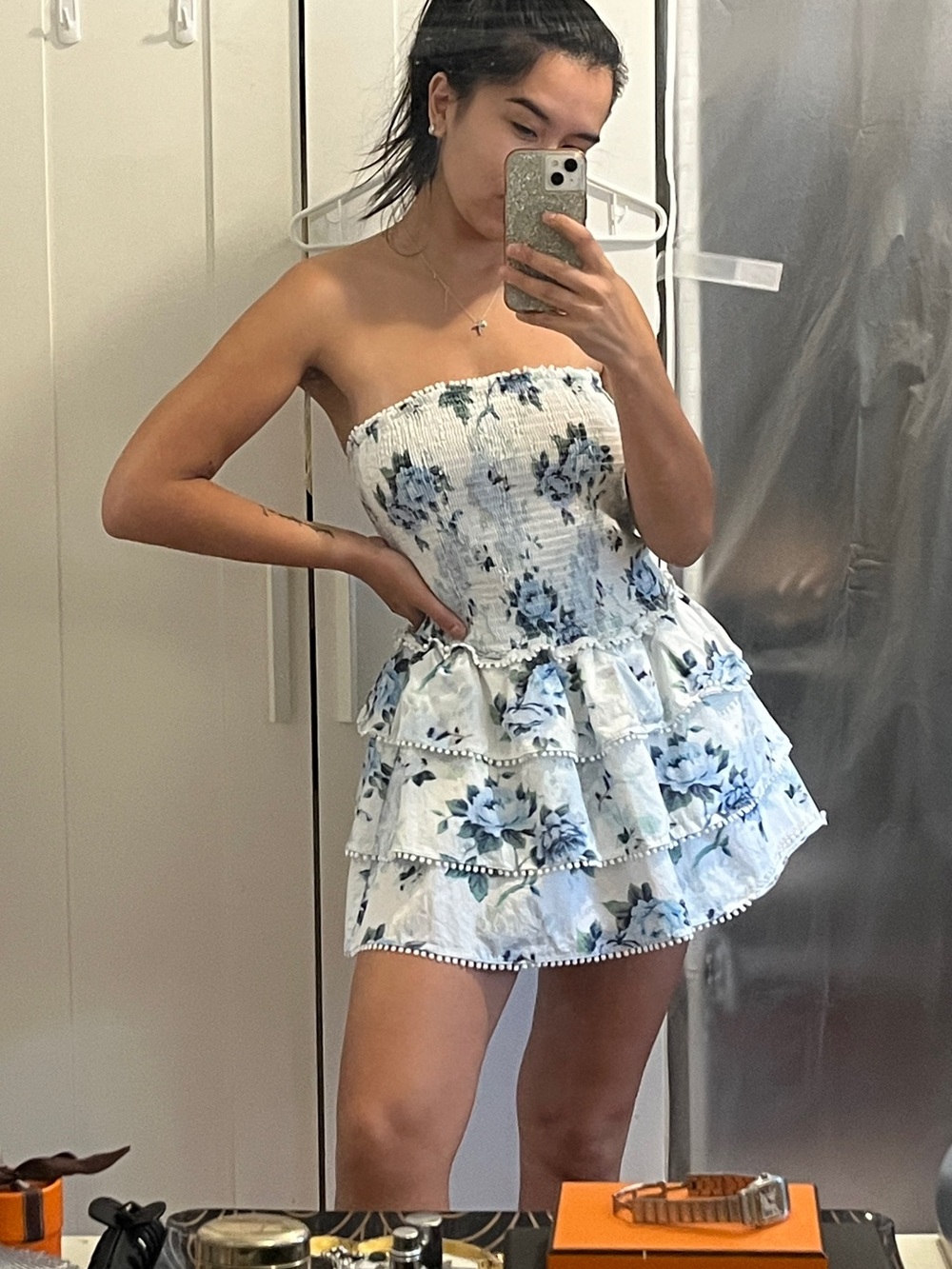 Princess Polly White Blue Floral Strapless Mini Dress